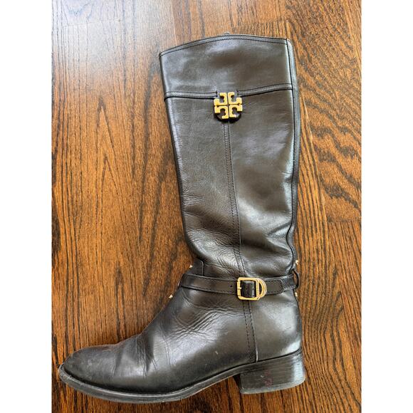 TORY BURCH Eloise Women's Boot US 8 Black Leather Zip Tall Riding Boots FLAW - Picture 4 of 13